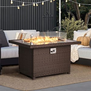50,000BTU 44 in. x 31.5 in. CSA Propane Wicker Outdoor Fire Pit Table Fire Table with Wind Guard & Oxford Cover in Brown