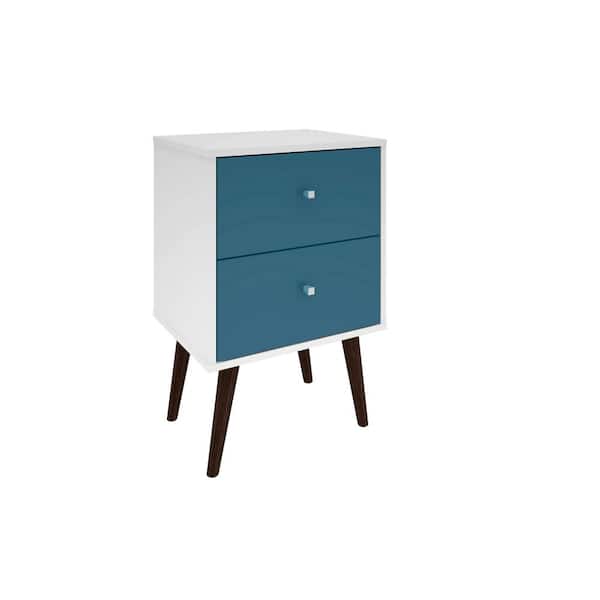 Manhattan Comfort Liberty Mid Century White and Aqua Blue Modern Nightstand 2.0 with 2-Full Extension Drawers with Solid Wood Legs