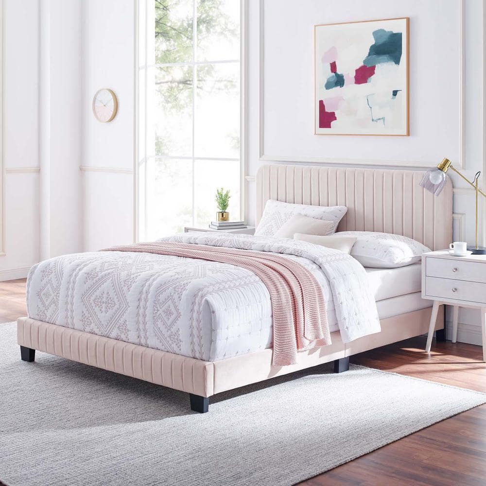 Glam Deco Elegance Channel-Tufted Velvet King Bed in Pink