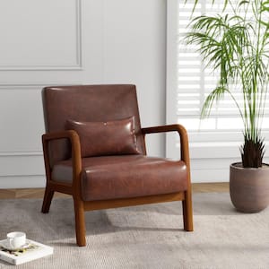 Coffee Faux Leather Upholstered Accent Arm Chair with Dark Rubber Wood Frame (Set of 1)