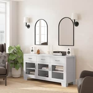 Wells White Wood 59 in. Modern Kitchen Dining Room Buffet Sideboard Storage Cabinet w/3 Tempered Glass Doors, 3 Drawers