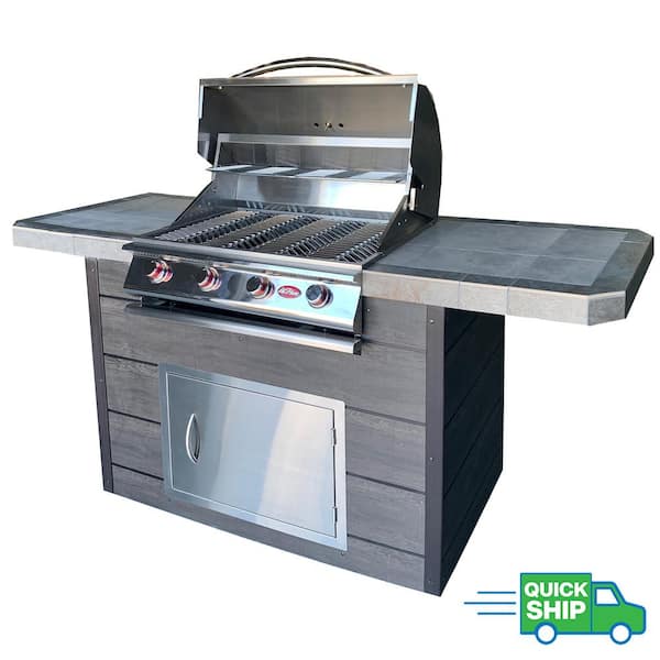 Cal Flame 4-Burner Gas Grill with 7 ft. Synthetic Wood and Tile BBQ Island