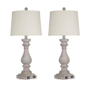 Tihiri 29 in. Distressed Gray Resin Table Lamp Set with Tpye-C and USB Ports, Built-In Outlet (Set of 2)