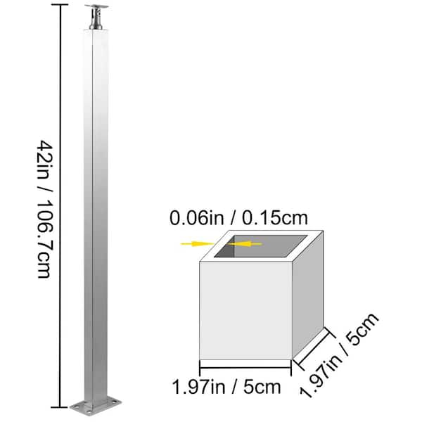 VEVOR Stainless Stair Handrail 42 in. x 1.97 in. x 1.97 in. Stair Railing Kit without Hole Glass Railing with Mount Bracket
