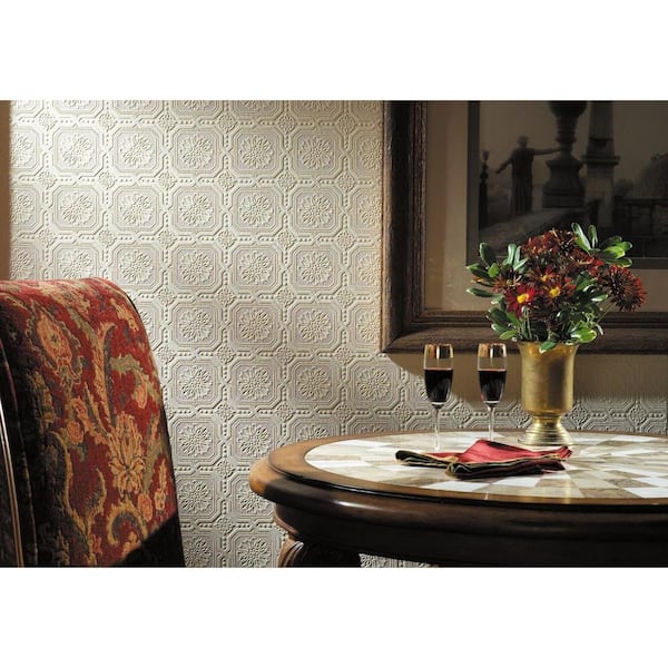 White Vinyl Pre Pasted Moisture Resistant Wallpaper Roll  Covers 56 Sq. Ft.