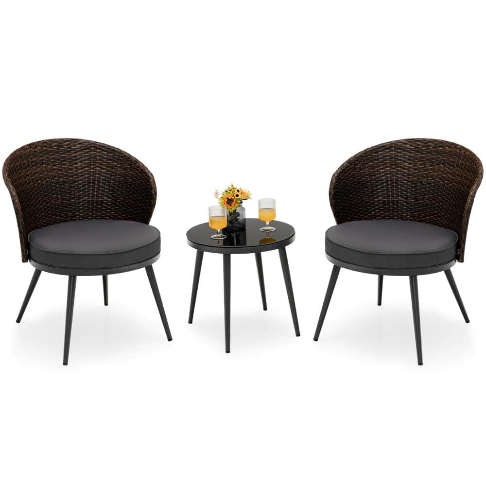 3-Piece PE Rattan Patio Bistro Set with Cushioned Chairs and Tempered Glass Table, Brown price history on PriceWatchPro