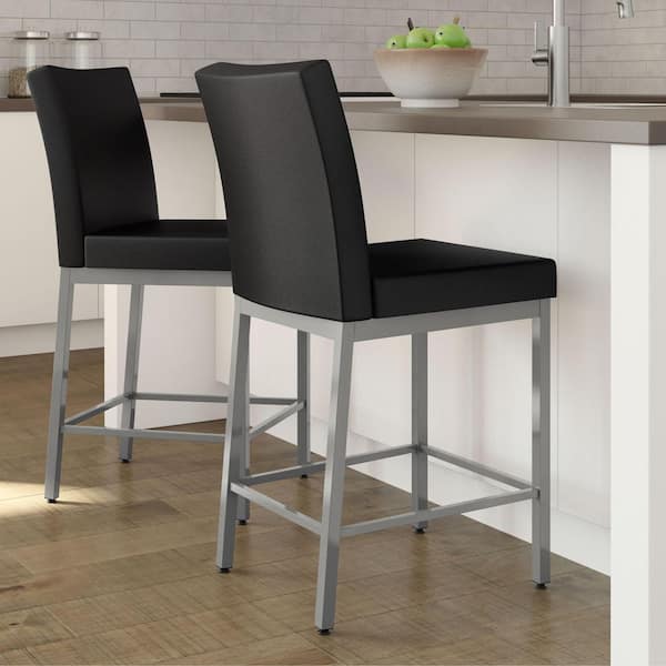 Perry 25.875 in. Black Faux Leather / Glossy Grey Metal Counter Stool