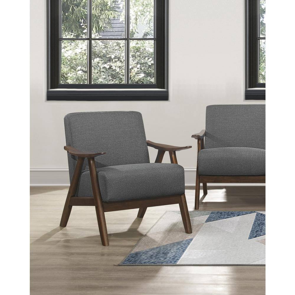 Transitional Gray Fabric Accent Chair with Walnut Wood Frame