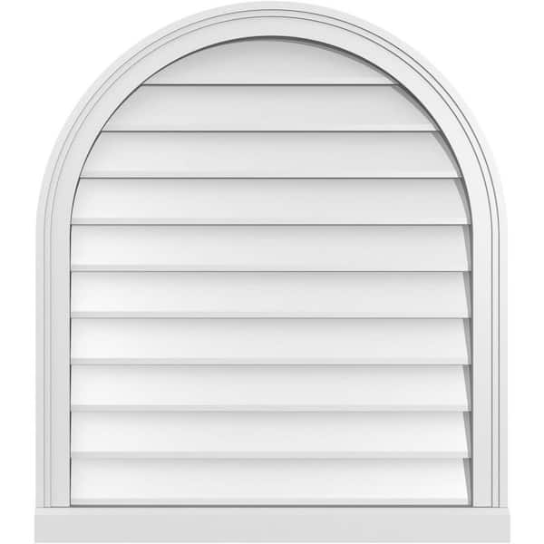 Ekena Millwork 28 in. x 32 in. Round Top Surface Mount PVC Gable Vent: Decorative with Brickmould Sill Frame