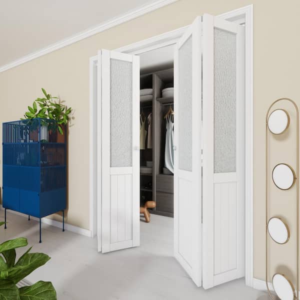 60 in x 80 in (Double 30" Doors)White, MDF, Half Tempered Glass Panel Bi-Fold Interior Door with Hardware Kits