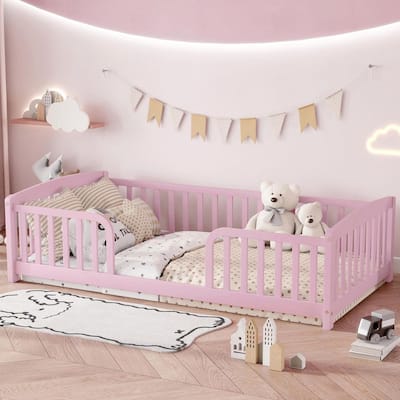 Pink Wood Frame Twin Size Platform Bed with Central Entrance