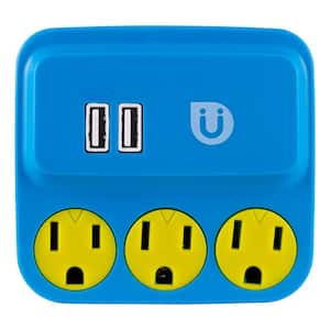3 Grounded Outlet and 2-USB Port, 2.1 Amp Tap, Blue and Yellow