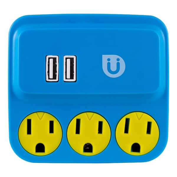 GE 3 Grounded Outlet and 2-USB Port, 2.1 Amp Tap, Blue and Yellow