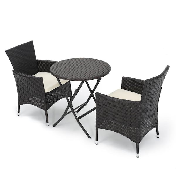 Malaga Multi-Brown 3-Piece Faux Rattan Round Outdoor Patio Bistro Set with Beige Cushions