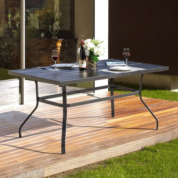 Black Rectangle Metal Outdoor Patio Dining Table with Umbrella Hole