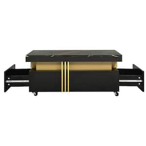 39.3 in. W x 19.6 in. D x 17.5 in. H Black Wood Linen Cabinet with Cocktail Coffee Table, Wheels and Faux Marble Top