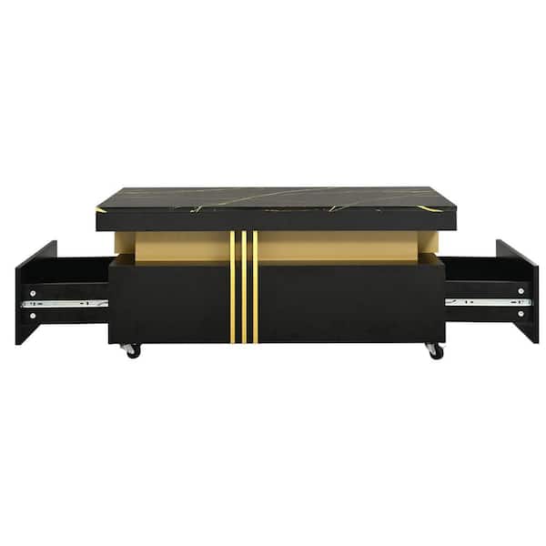 Unbranded 39.3 in. W x 19.6 in. D x 17.5 in. H Black Wood Linen Cabinet with Cocktail Coffee Table, Wheels and Faux Marble Top