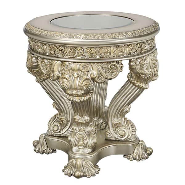 Benjara 33 in. Gold Round Glass End Table with Opulent Floral Carved Base