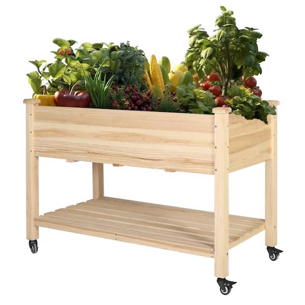 VEIKOUS 47 in. W x 22 in. D x 33 in. H Wood Raised Garden Bed with Lockable Wheels, Shelf and Liner, Natural