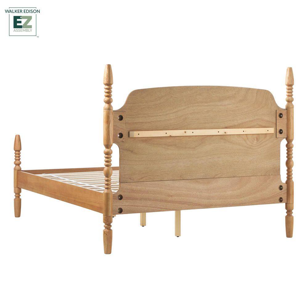 Natural Solid Wood Queen Spindle Bed Frame with Upholstered Headboard