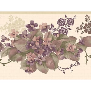 Falkirk Dandy II Beige Purple Flowers on Vines Floral Peel and Stick Wallpaper Border
