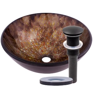 Distora Hand Painted Brown Glass Round Vessel Sink with Pop-Up Drain in Oil Rubbed Bronze