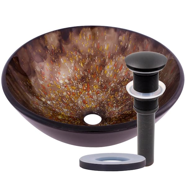 Novatto Distora Hand Painted Brown Glass Round Vessel Sink with Pop-Up Drain in Oil Rubbed Bronze
