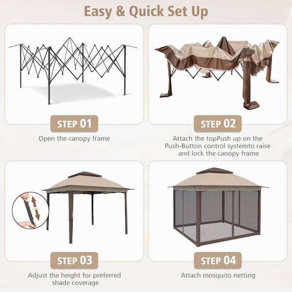 11 ft. x 11 ft. Beige Steel Pop-Up Gazebo with Mosquito Netting