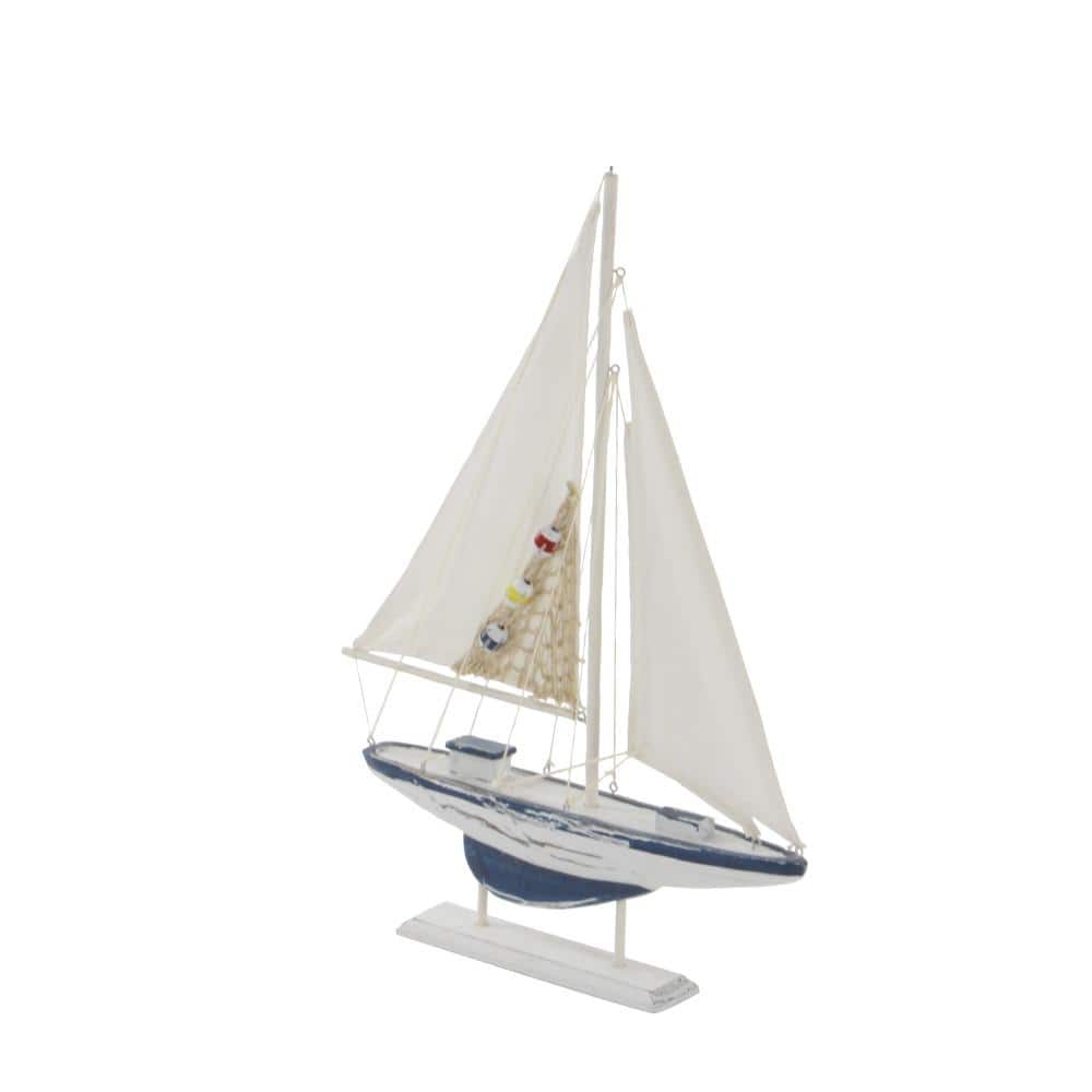 White and Blue Pine Wood Nautical Sail Boat Sculpture Set