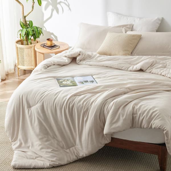 Beige 3 Pieces 1 King Size Comforter and 2 Pillow Shams, Soft Bedding Comforter Set for All Seasons