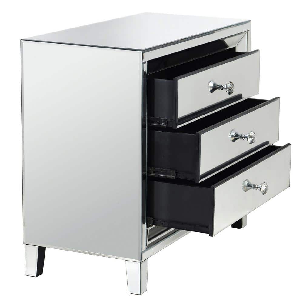 Glam Mirrored 3-Drawer Chest with Crystal Knobs