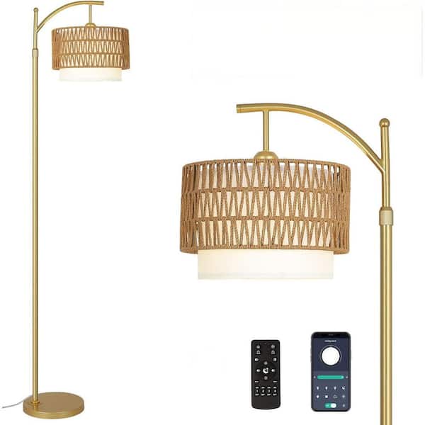 72.8 in. White Boho Floor Lamps with Rattan Shades, Dimmable LED Bulb, Modern Arc Floor Lamp with 3 Color Temperatures