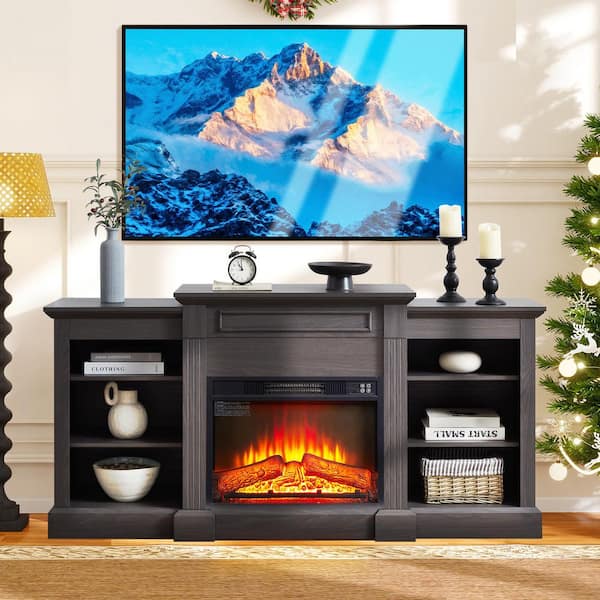 65 in. Freestanding Fireplace TV Stand with 23 in. Electric Fireplace Insert, Adjustable Heat (Up to 400 sq ft) in Grey