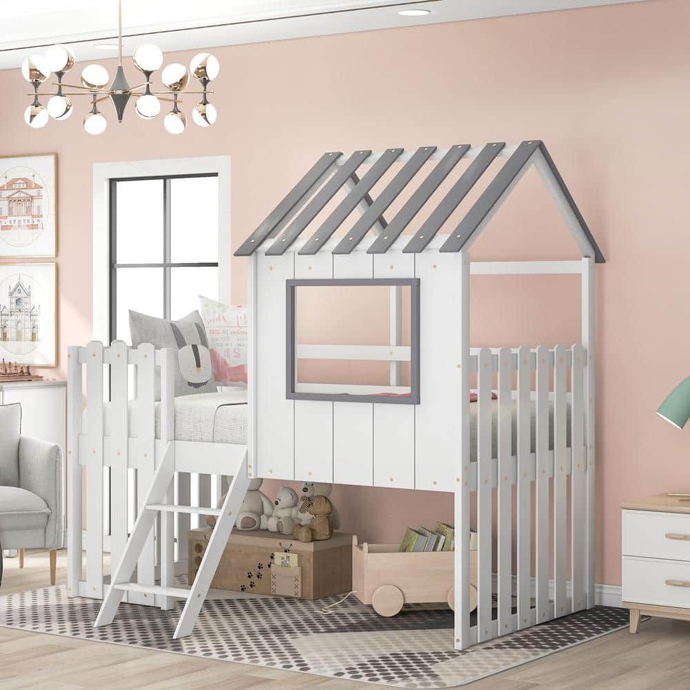 Harper And Bright Designs Rustic White Twin Size Wood Loft Bed With Roof And Fence Shaped 