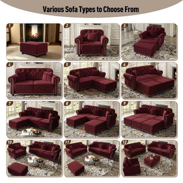 Homy Casa Camdany 63 in. Rolled Arm 3-Piece Velvet Sectional Sofa with Dual Ottomans and Nailhead Trim in Burgundy Camdany-MHB-RE