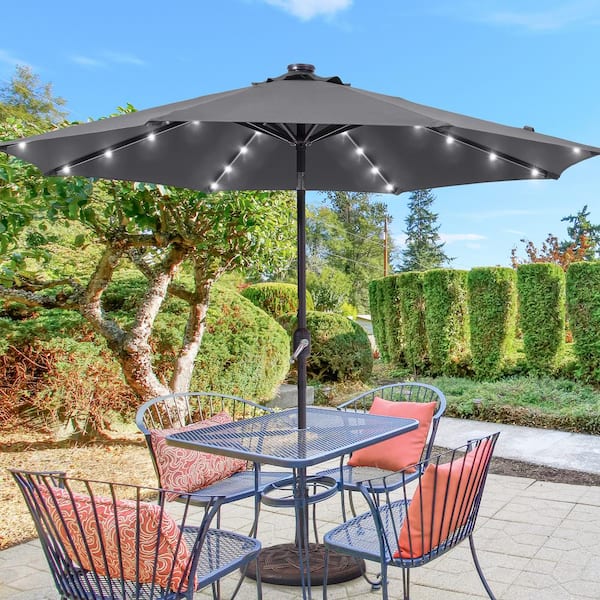 9 ft. Solar LED Market Patio Umbrellas with Solar Lights and Tilt Button in Anthracite