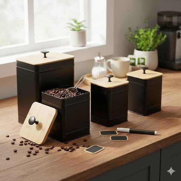 4-Piece Alloy Metal Steel Kitchen Canister Set Food Storage Containers with Airtight Wooden Lids Chalkboard Labels Black