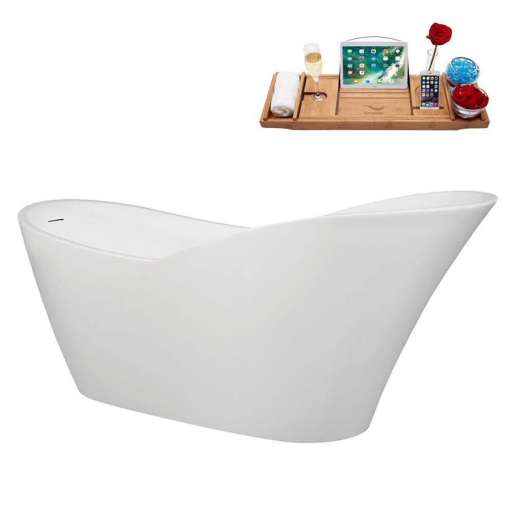 67" Glossy White Acrylic Freestanding Soaking Bathtub with Matte Black Trim