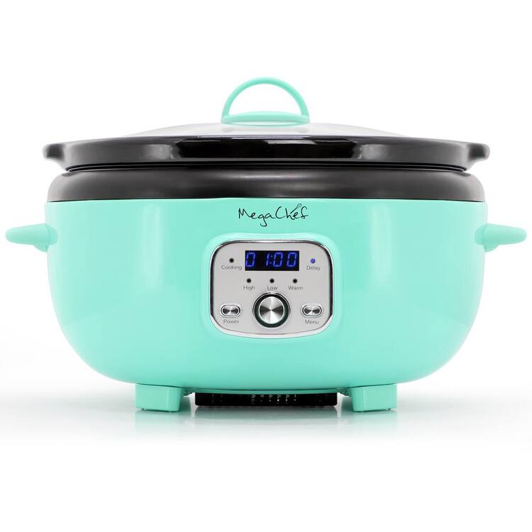 MegaChef 6.8 Qt. Oval Electric Digital Slow Cooker in Turquoise with Black Pot