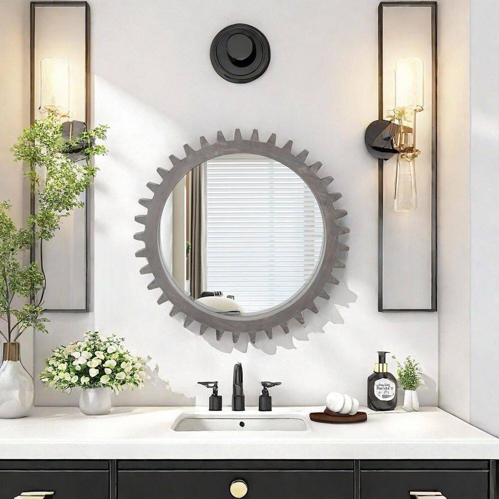 Gear Shape 34 in W x 34 in. H Round Wood Framed Wall Bathroom Vanity Mirror