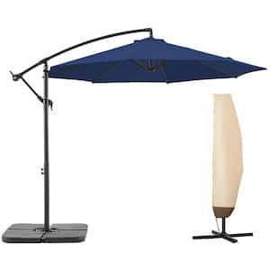 10 ft. Aluminum Patio Offset Umbrella Outdoor Cantilever Umbrella with Cover, Crank and Cross Bases in Navy Blue