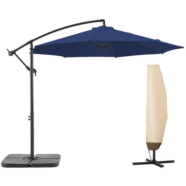 PASAMIC 10 ft. Aluminum Patio Offset Umbrella Outdoor Cantilever Umbrella with Cover, Crank and Cross Bases in Navy Blue