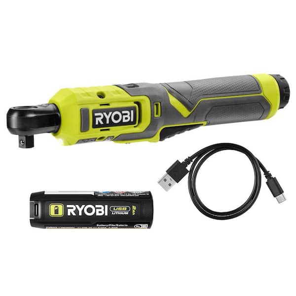 RYOBI USB Lithium 3/8 in. Ratchet Kit with 2.0 Ah Battery and USB Charging Cable with USB Lithium 2.0 Ah Lithium Battery