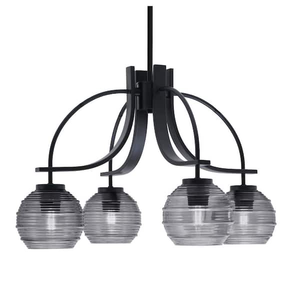 Unbranded Olympia 14.75 in. 4-Light Matte Black Downlight Chandelier Smoke Ribbed Glass Shade