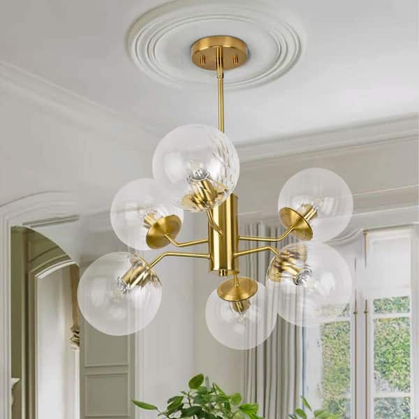 Modern 21.54 in. 6-Light Gold Branch Sputnik Dimmable Chandelier with Clear Globe Glass Shades for Living Room
