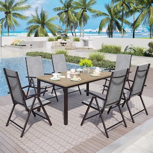 7-Piece Metal Outdoor Dining Set with Brown Rectangular Table-Top and Gray Folding Chairs