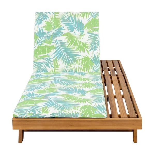 Teak Wood Outdoor Chaise Lounge with Green Cushions Water Resistant
