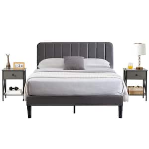 Upholstered Platform Bed Frame and 2-Nightstands with Drawer Set 3-Piece Gray Metal + Wood Queen Bedroom Set
