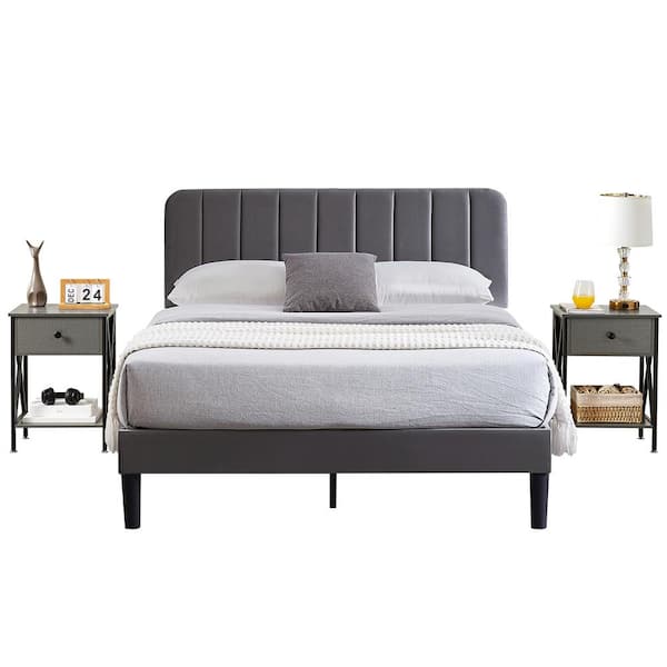 VECELO Upholstered Platform Bed Frame And 2-Nightstands With Drawer Set ...