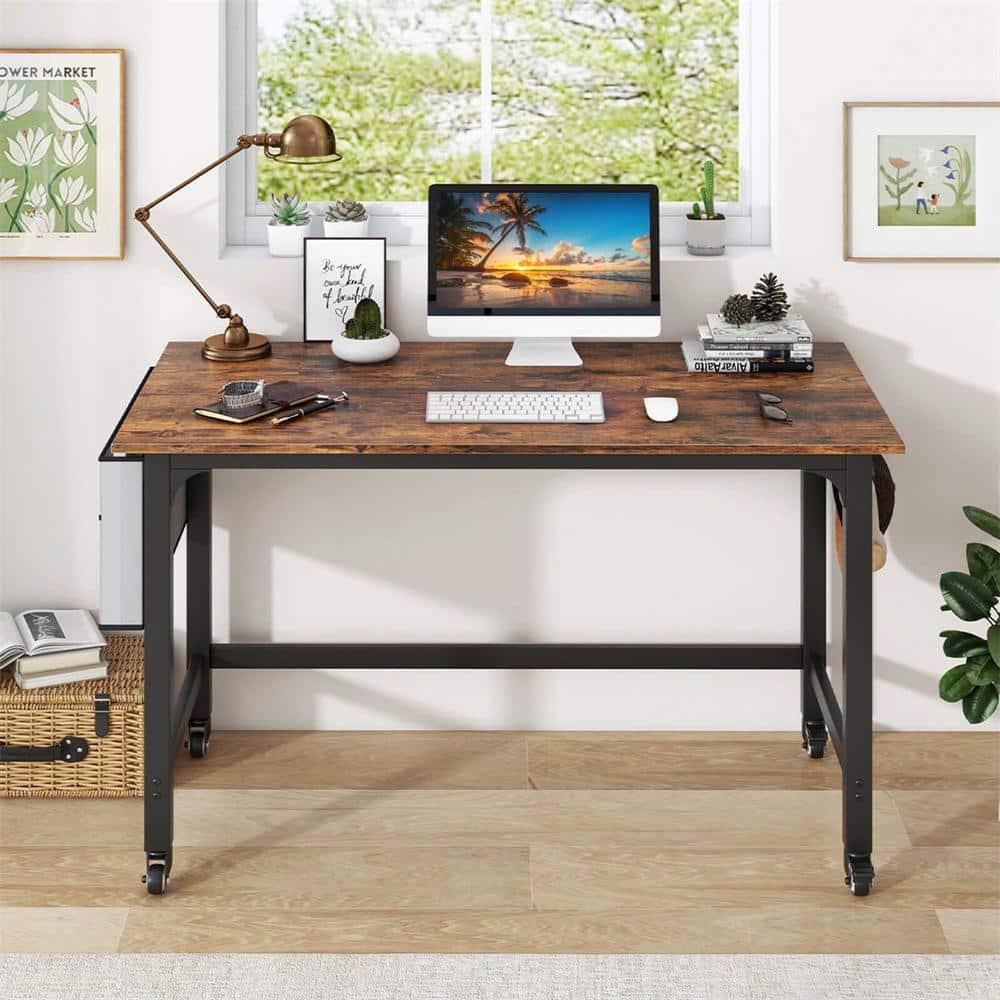 Costway 47.5 in. Rectangule Brown Wood Rolling Computer Desk Metal Frame LapTop Table Study Workstation HCST04048 The Home Depot